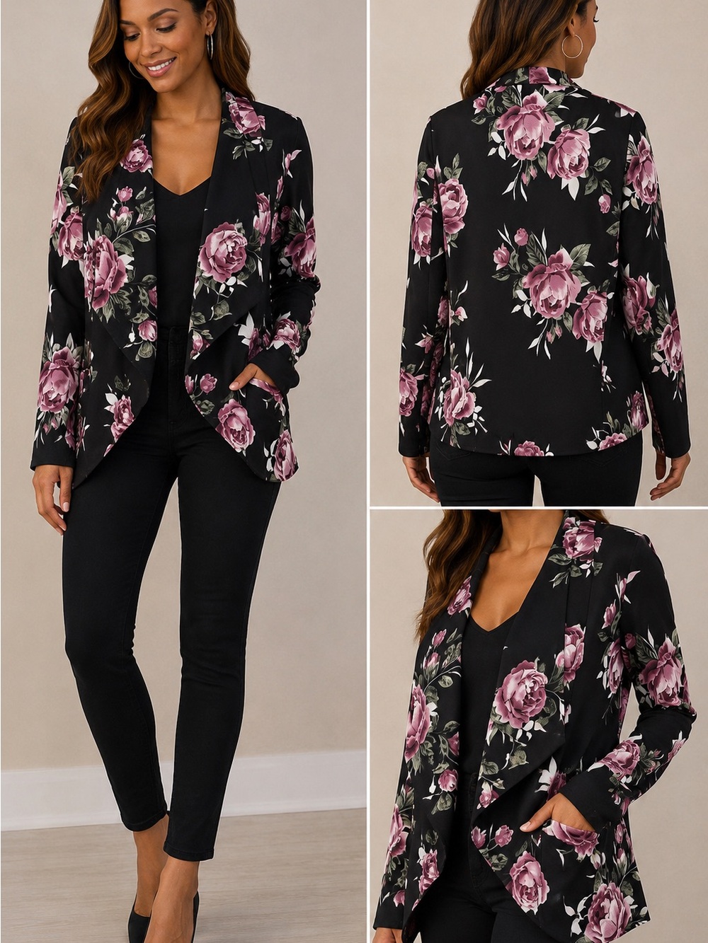 Black and Pink Floral Blazer - Picture 4 of 11